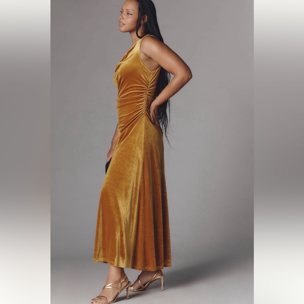 Anthropologie Stunning Gold Velvet Cowl Ruched Maxi Party Dress NWT 1X Formal 🔥 - Picture 3 of 12